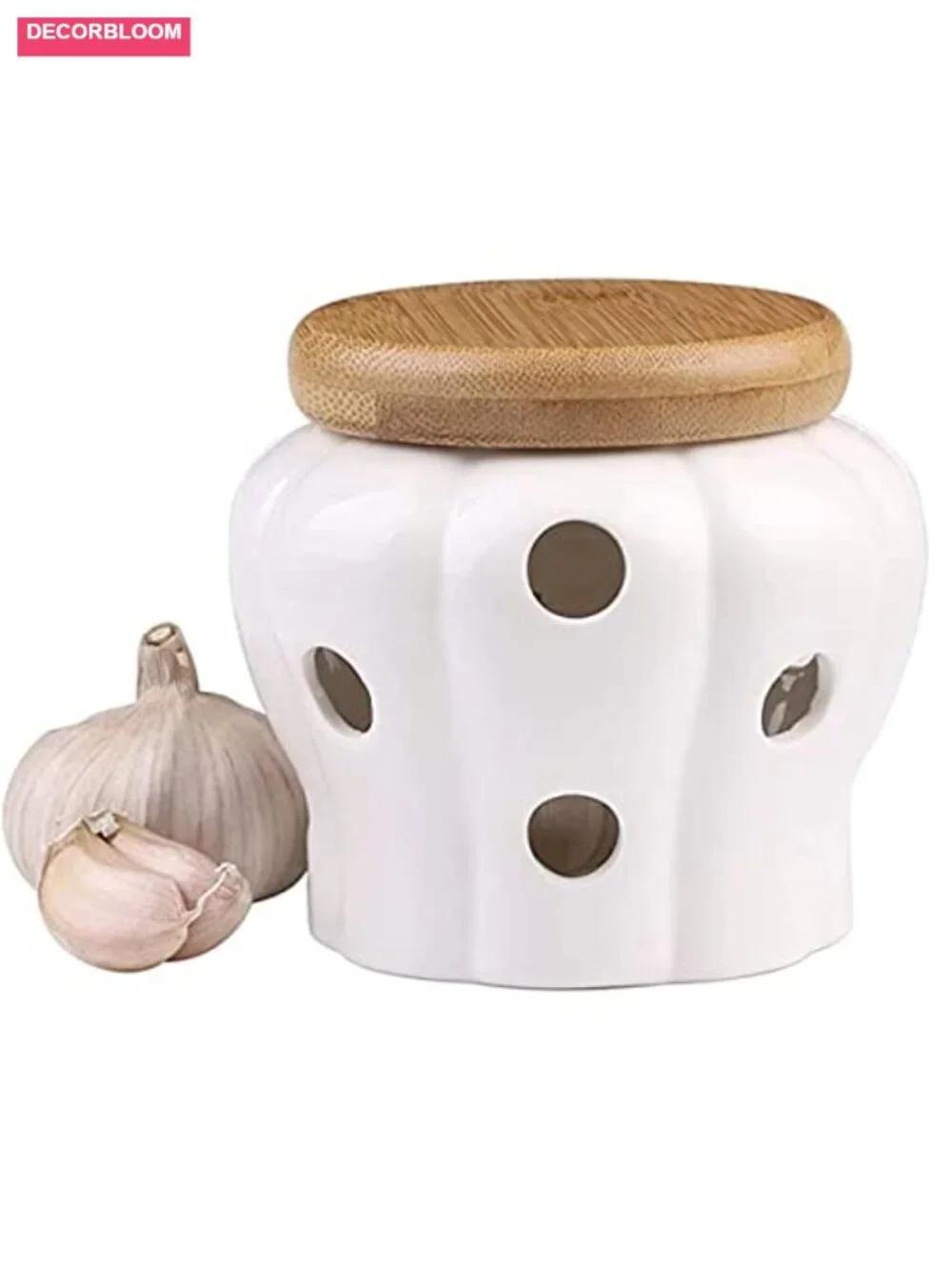 Ceramic Garlic Storage Container with Bamboo Lid - Ventilated Kitchen Canister